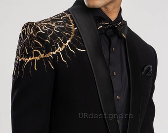 Black Tuxedo Suit With Golden Pearl Handwork on Shoulder, Satin Lapel & Trouser for Prom, Wedding, Party, Reception, Groom, Gifts, Dance
