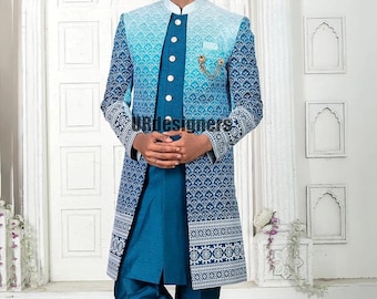 Indian Wedding Silk Sherwani Set With Sequins and Chikankari Thread Work For Wedding, Ring Ceremony, DJ Party, Prom, Reception