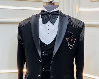Sparkling Black Tuxedo Suit, Beaded Handcrafted, Satin Lapel, with Trouser for Prom, Wedding, Party