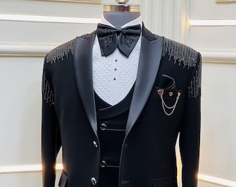 Black Sparkling Tuxedo Suit With Black Pearl Handwork With Satin Lapel & Trouser for Prom, Wedding, Party, Reception, Groom, Dance, Gift