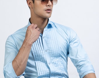 Mens Aqua Blue Pintex Cotton Tuxedo Shirt