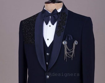 Prom Special Navy Blue Handwork Tuxedo Suit With Same Color Trouser for Wedding, Party, Reception, Groom, Festivals, Gifts