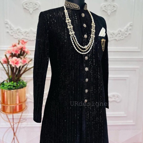 Wedding Special Sparkling Sequins Work Black Sherwani Suit With Trouser For Groom, Winter Party, Dance, Wedding, Festivals (2 Piece)