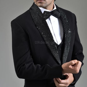 Designer Black Tuxedo Suit With Sequins and Pearl Handwork on Satin Lapel & Trouser for Prom, Wedding, Party, Reception, Groom, Gifts, Dance