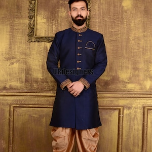 Silk Navy Blue Handwork Prince Sherwani Suit With Golden Dhoti For Gift for him, God Pooja, Ganesh Chaturthi, Wedding, Festivals (2 Piece)