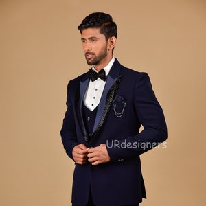Prom Special Dark Blue Tuxedo Suit With Handwork on Satin Lapel for Prom, Wedding, Party, Reception, Groom, Festivals, Gifts