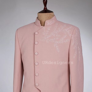Crystal Flowers Handwork Pink Jodhpuri Suit With Same Color Trouser For Prom, Party, Wedding, Festivals (2 Piece)