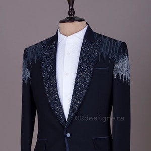 Prom Special Navy Blue Handwork Tuxedo Suit With Same Color Trouser for Wedding, Party, Reception, Groom, Festivals, Gifts (2 Piece)