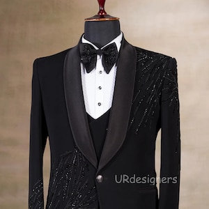 Prom Special Rich Black Sparkling Pearl Handwork Tuxedo Suit for Men, With Black Trouser for Wedding, Party, Reception, Groom, Gifts, Club