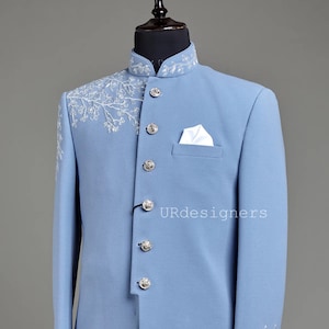 Aqua Blue Jodhpuri Suit: Crystal Handwork, Slim Fit, Italian Cut