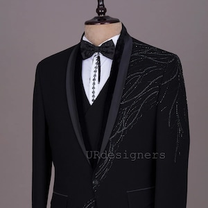 Prom Special Rich Black Sparkling Pearl Handwork Tuxedo Suit With Black Trouser for Prom, Wedding, Party, Reception, Groom, Festivals, Gifts