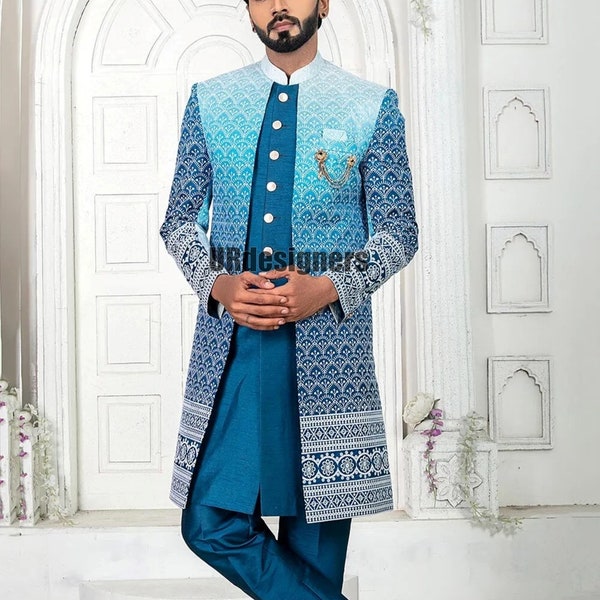 Indian Wedding Silk Sherwani Set With Sequins and Chikankari Thread Work For Wedding, Ring Ceremony, DJ Party, Prom, Reception