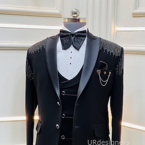 Black Sparkling Tuxedo Suit With Black Pearl Handwork With Satin Lapel & Trouser for Prom, Wedding, Party, Reception, Groom, Dance, Gift
