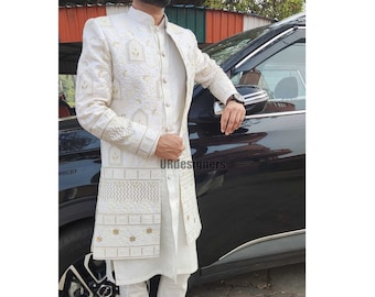 Cream Indo Western Sherwani Set With Golden Zari Thread And Needle Embroidery Work For Wedding, Ring Ceremony, DJ Party, Prom, Reception