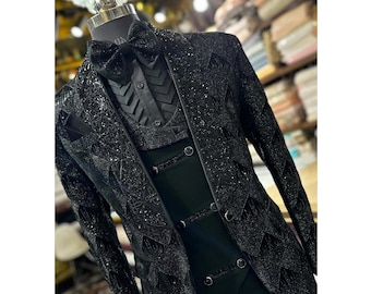 Black Tuxedo Suit: Zari Embroidery Sequins, Slim Fit Italian Cut
