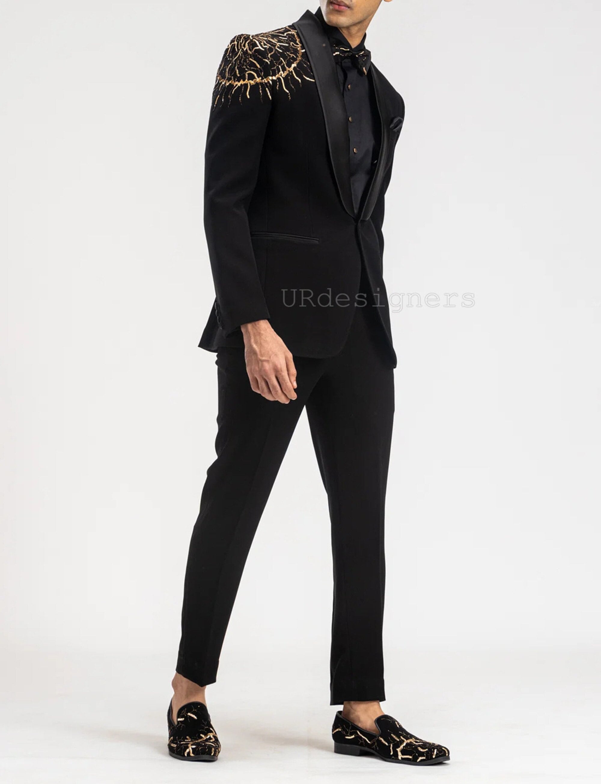 slim fit dress slacks Redefine Elegance: HolloMen's Black Yellow Tuxedo main image 1