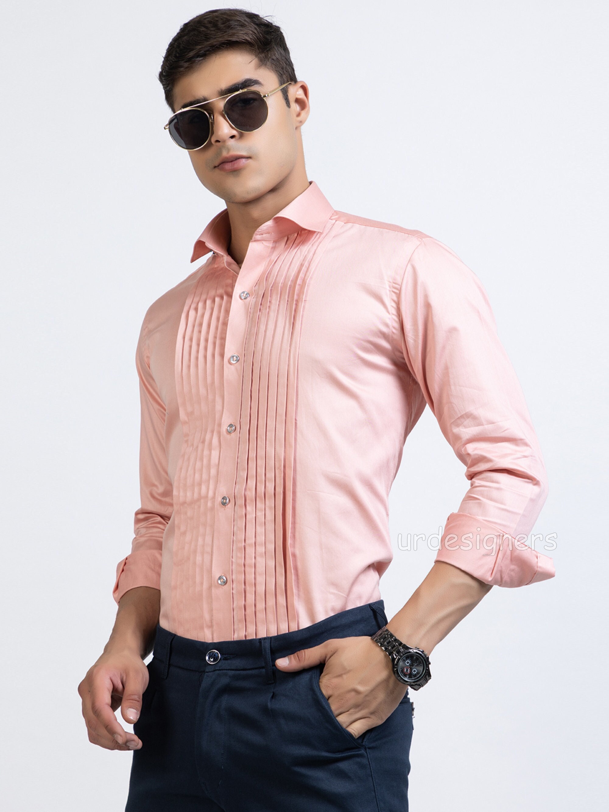 open lace back dress Men's Light Pink Solid Dress Shirt with Floral Accents