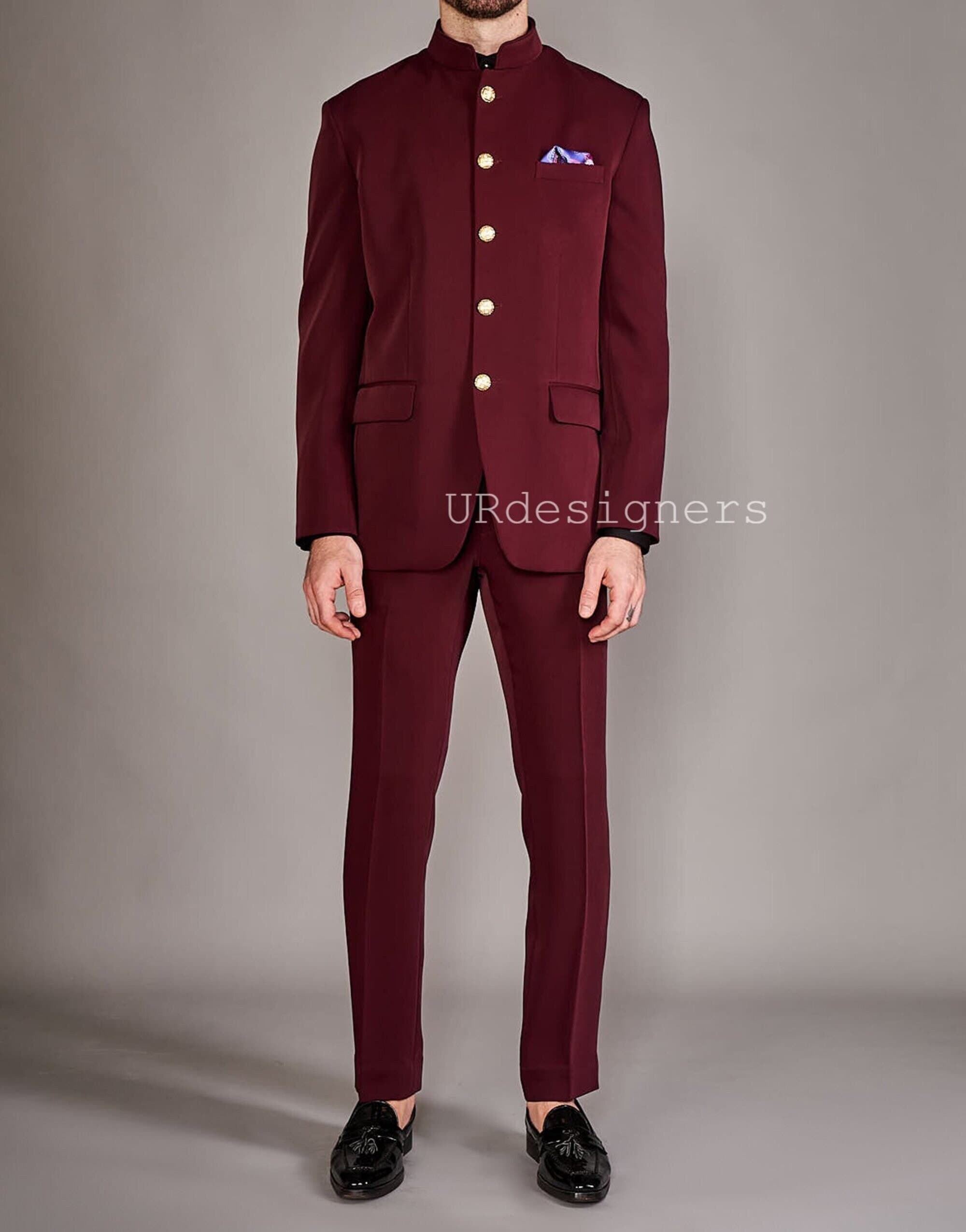Mens Maroon 2 Pc Jodhpuri Suit 6 Button | InMonarch