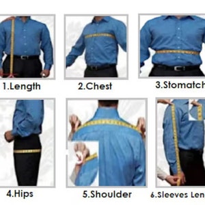 May include: Diagram showing how to measure different parts of a shirt, including length, chest, stomach, hips, shoulder, and sleeves. The diagram shows a person wearing a blue shirt and black pants.