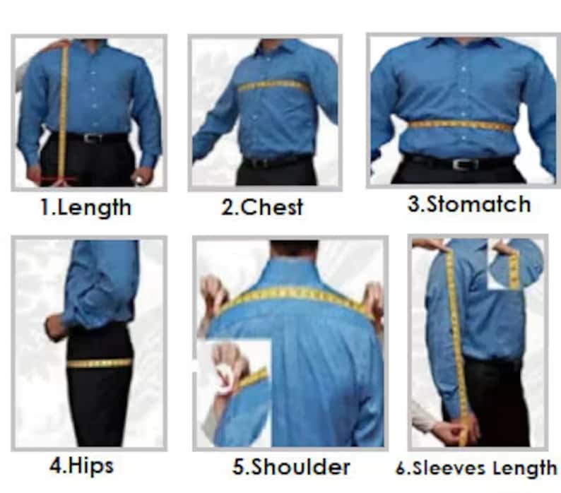 May include: Diagram showing how to measure different parts of a shirt, including length, chest, stomach, hips, shoulder, and sleeves. The diagram shows a person wearing a blue shirt and black pants.