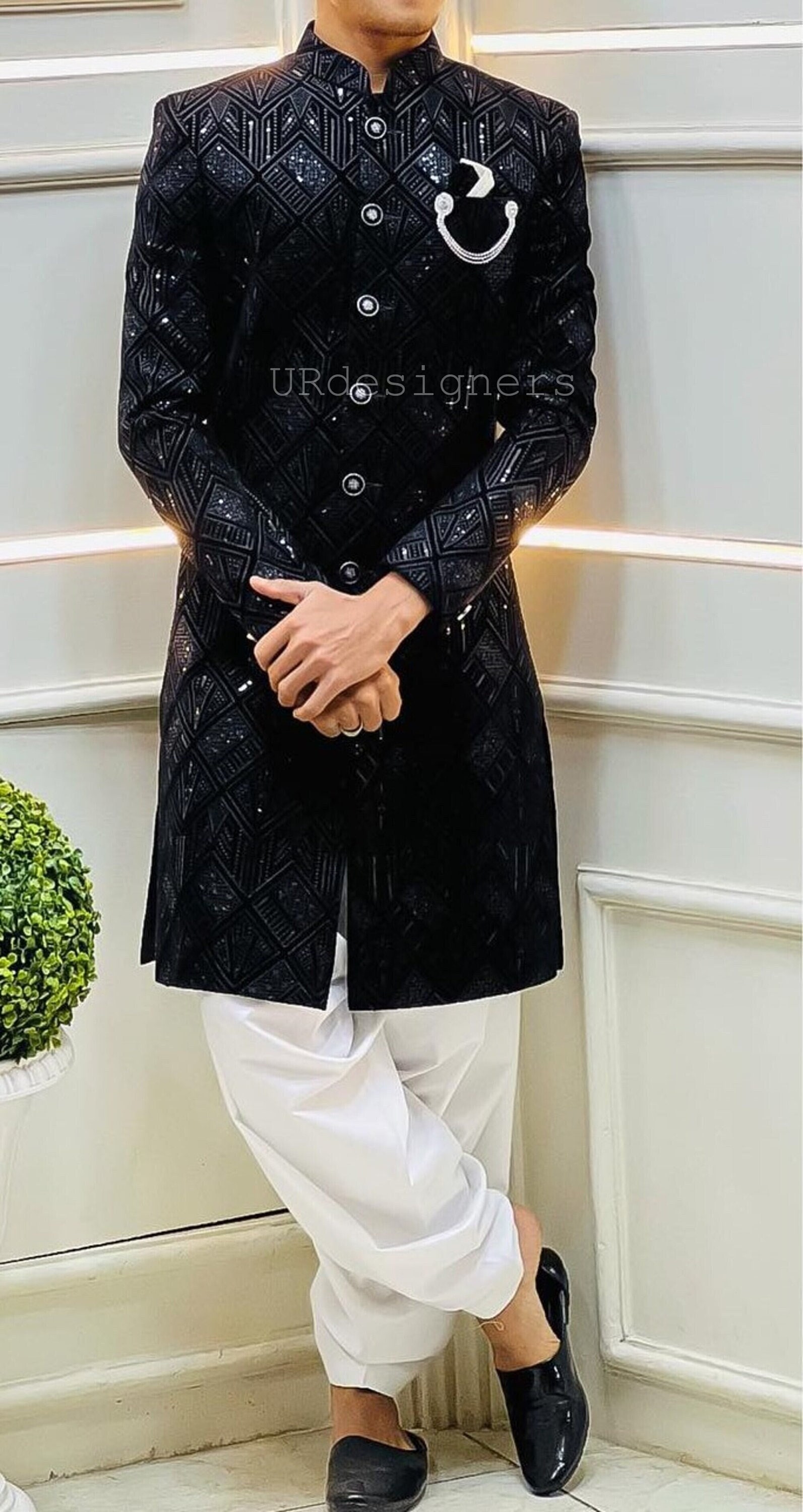 Sparkling Black Sherwani Patiala Suit With Black Sequins Needle Embroidery Work For Wedding, Dance Program, DJ Party, Dance Function