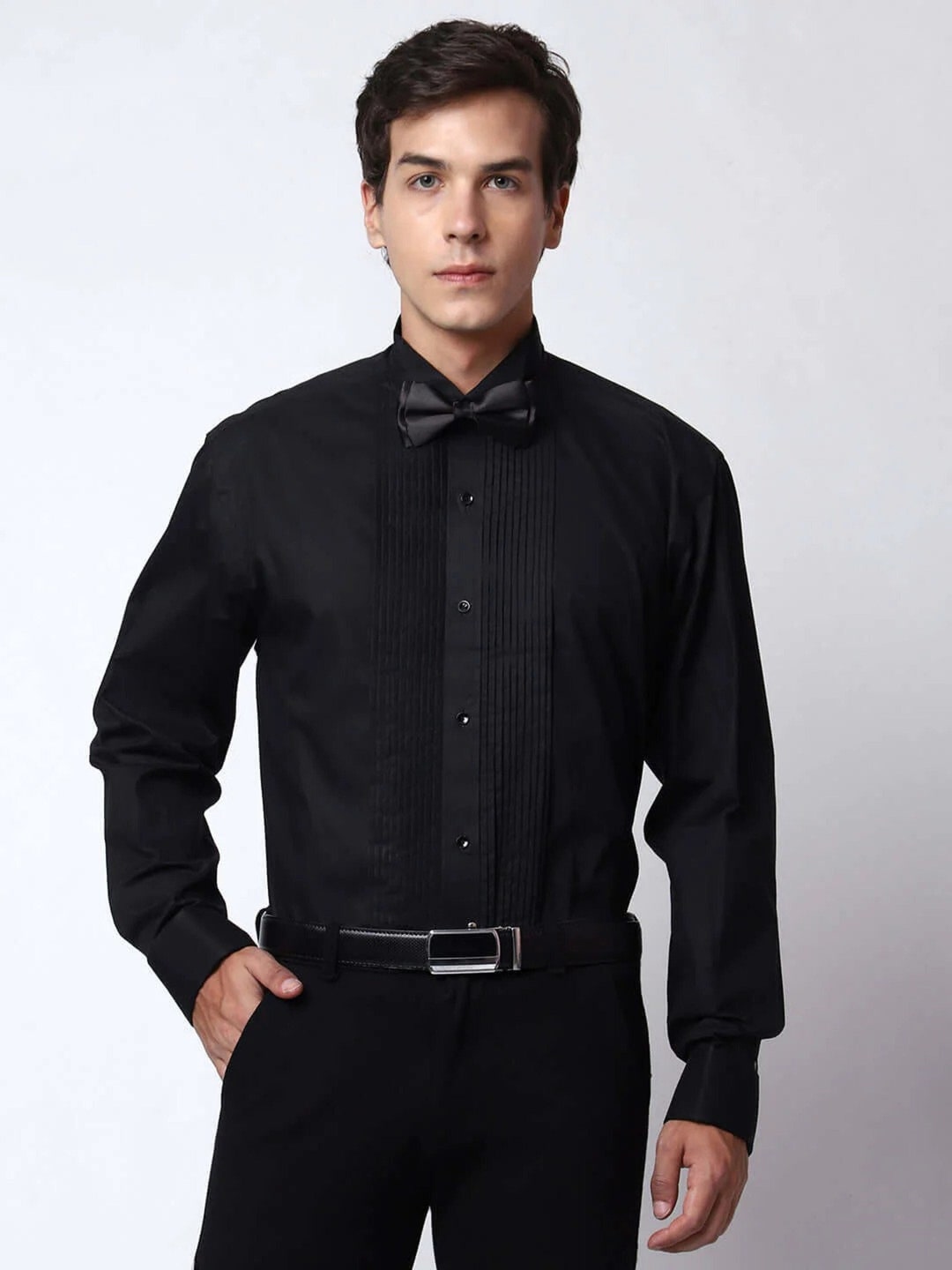 Men'S Classic Black Ruffled Dress 100% Cotton Casual Trendy Tuxedo Shirt
