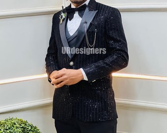 Black Sparkling Tuxedo Suit With Black Sequins Embroidery Handwork With Satin Lapel & Trouser for Prom, Wedding, Party, Reception, Groom