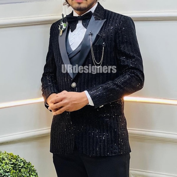 Black Sparkling Tuxedo Suit With Black Sequins Embroidery Handwork With Satin Lapel & Trouser for Prom, Wedding, Party, Reception, Groom