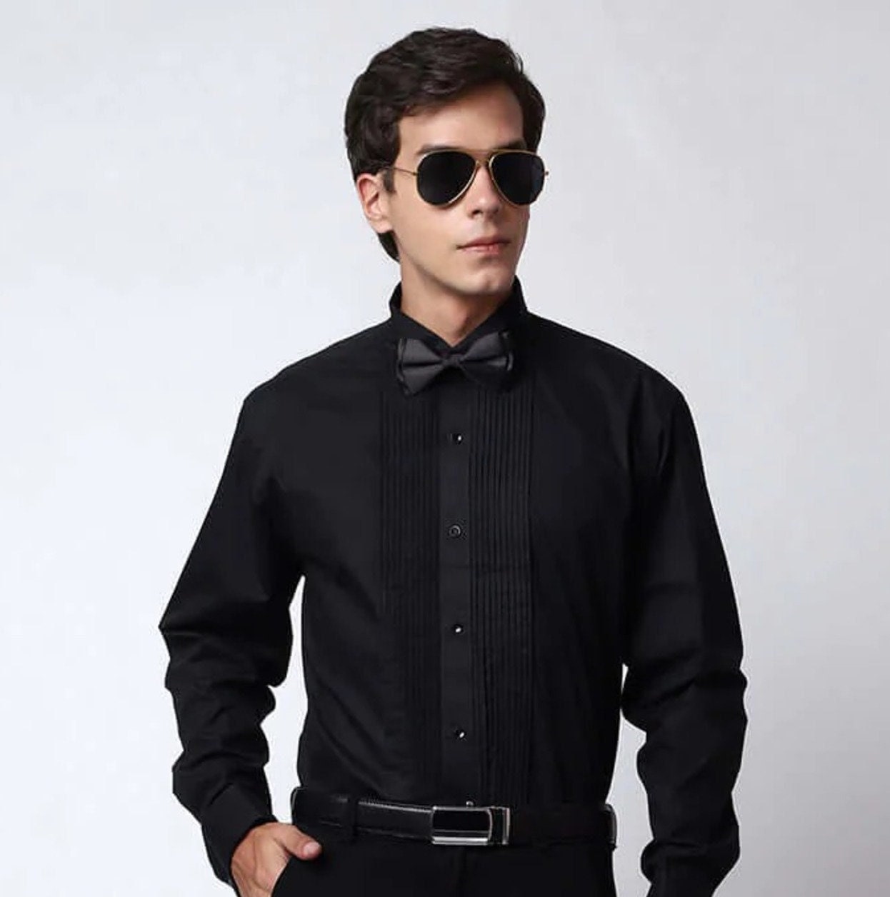 Men's Black Tuxedo Shirt Tuxedo Pintex Dress Shirt for Men Casual Shirt