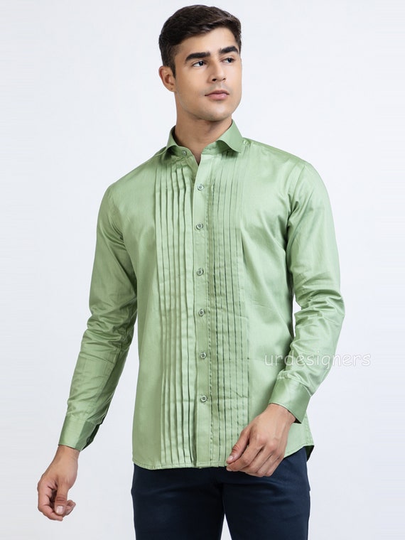 Mens Pista Green Pintex Dress Shirt | Cotton Tuxedo
