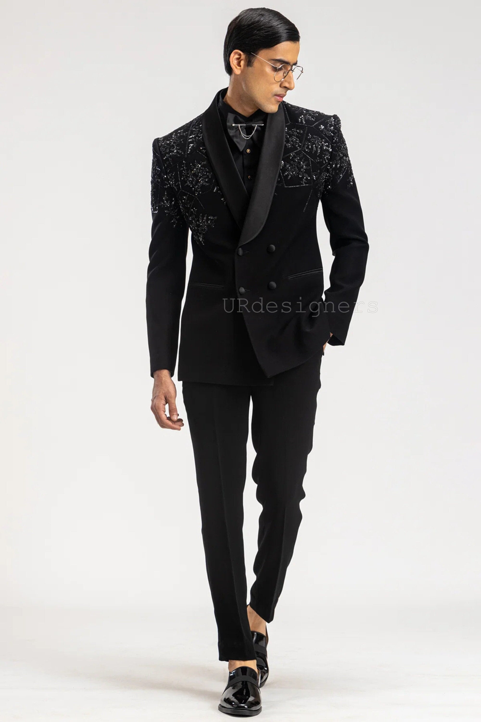 Costume de smoking croisé noir croisé avec paillettes scintillantes, revers en satin et pantalon pour bal de promo, mariage, fête, marié, cadeau