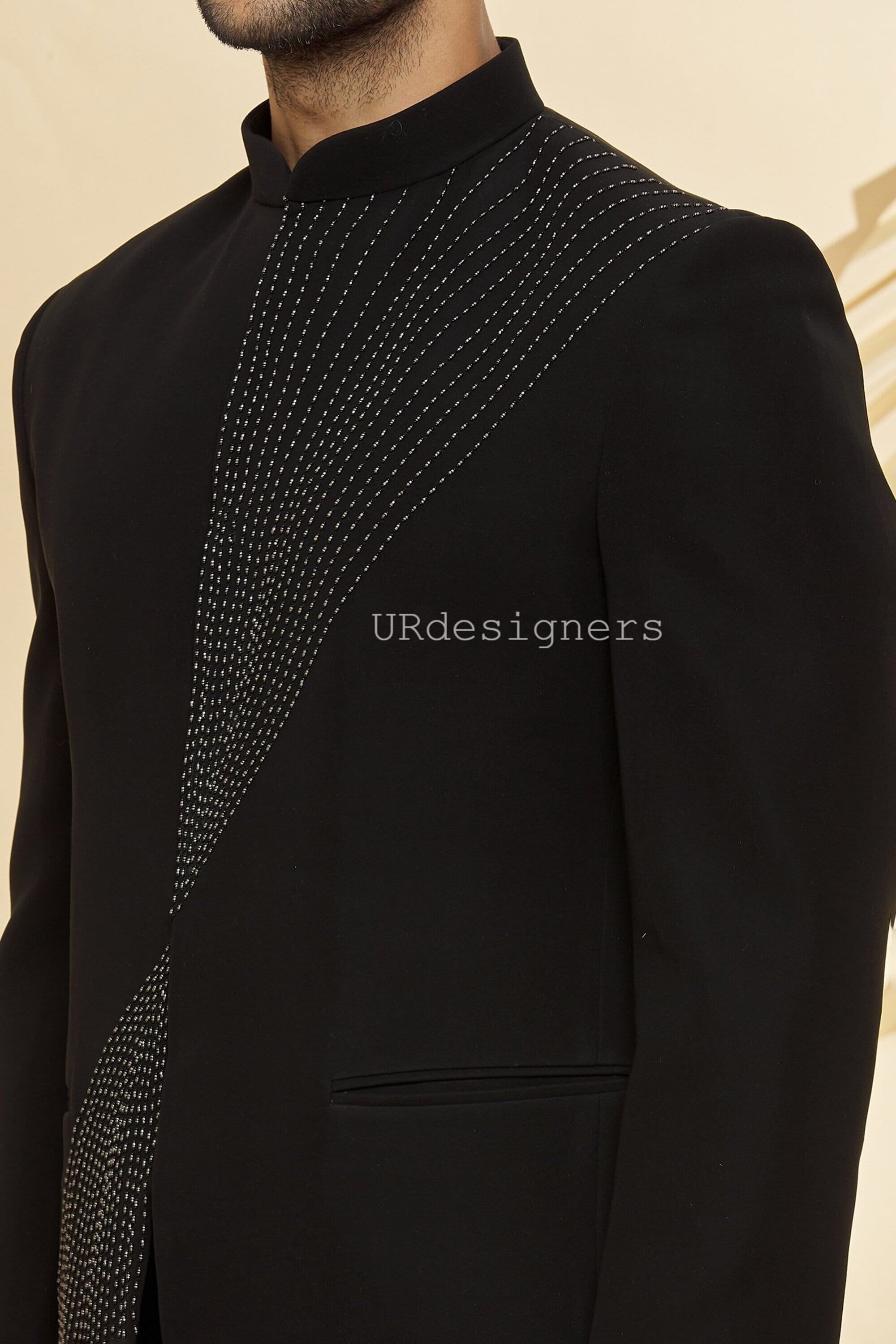 Black Pearl Handwork Designer Jodhpuri Suit With Black Trouser For Prom, Party, Gifts, Dance Party, Wedding, Reception, New Year, Festivals
