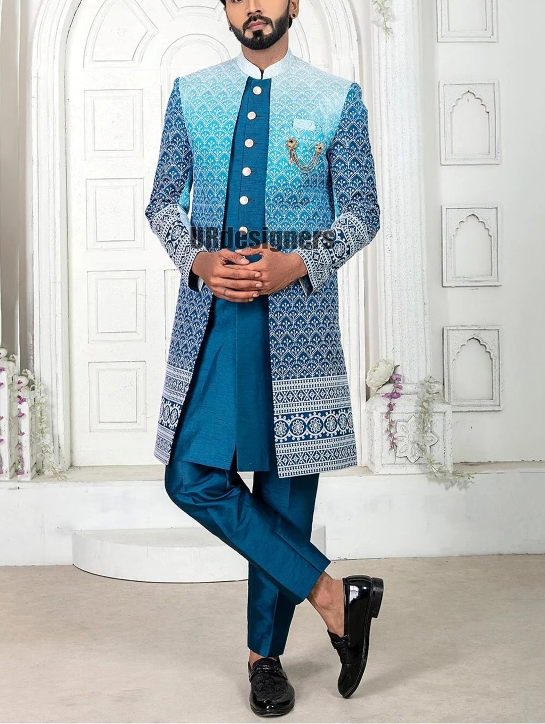 Buy Indian Wedding Silk Sherwani Set: Sequins Chikankari Thread