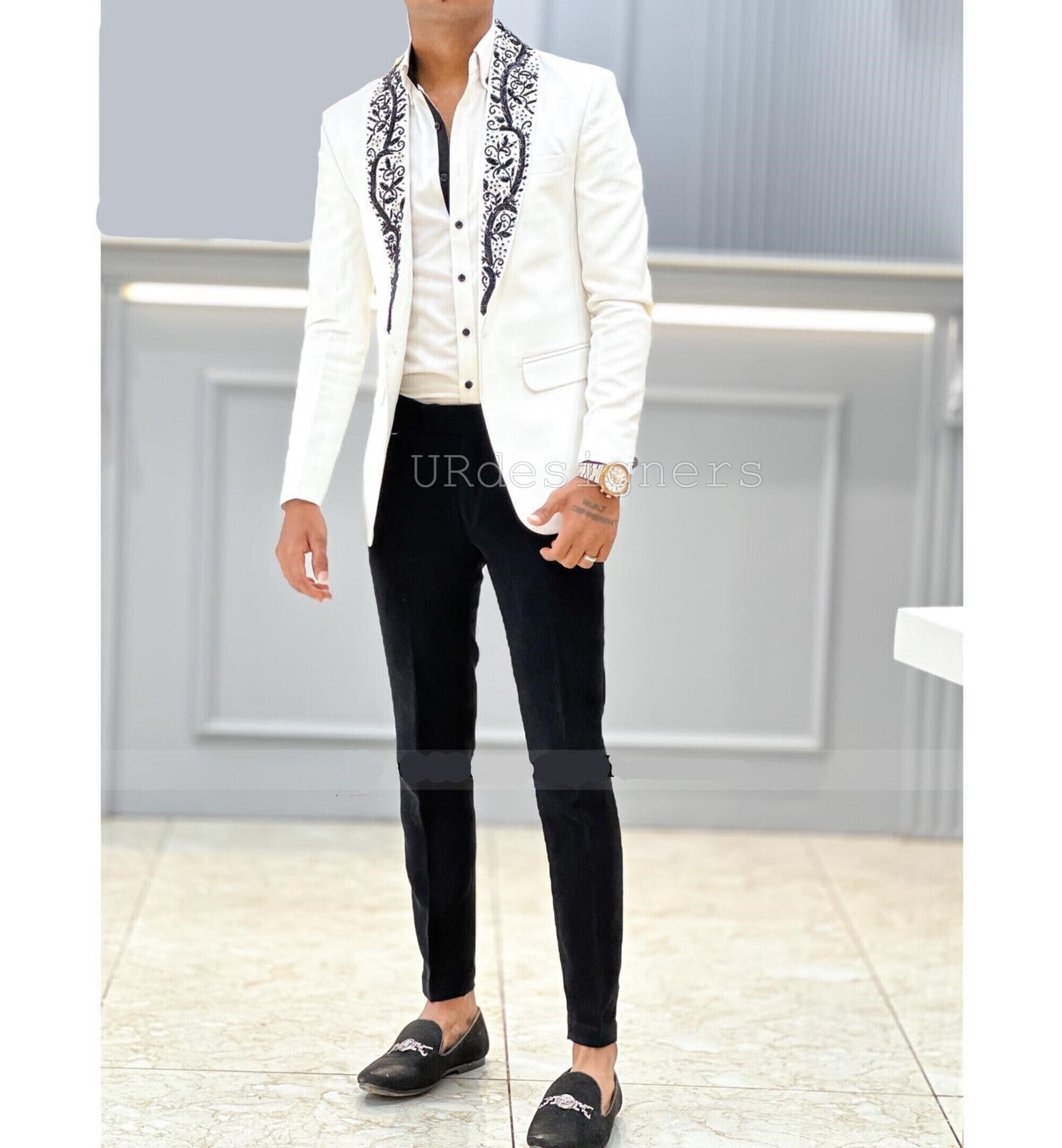 White Tuxedo Suit, Sequins and Pearl Handwork, Slim Fit 