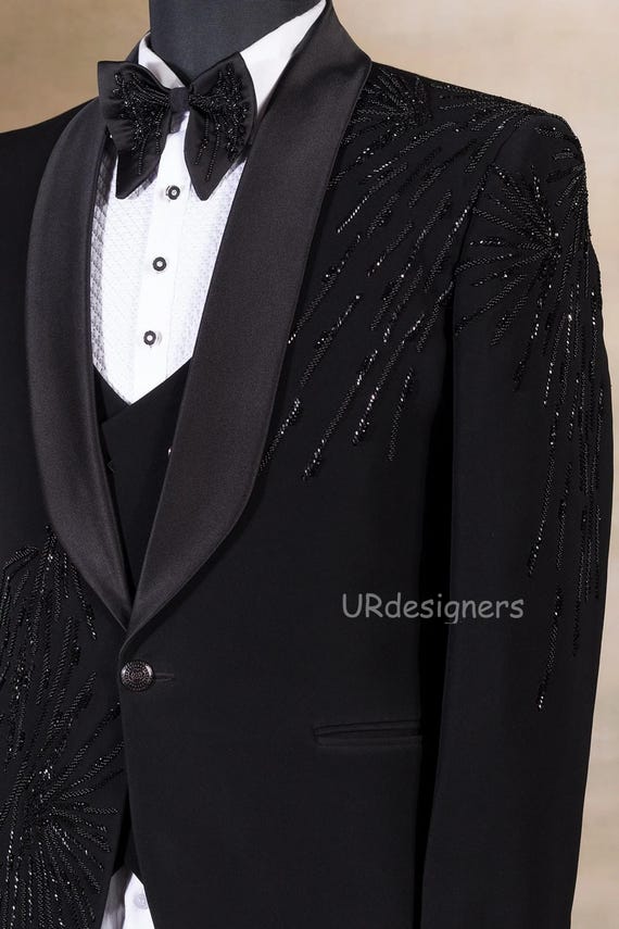 Prom Special Rich Black Sparkling Pearl Handwork Tuxedo Suit With Black Trouser for Prom, Wedding, Party, Reception, Groom, Festivals, Gifts