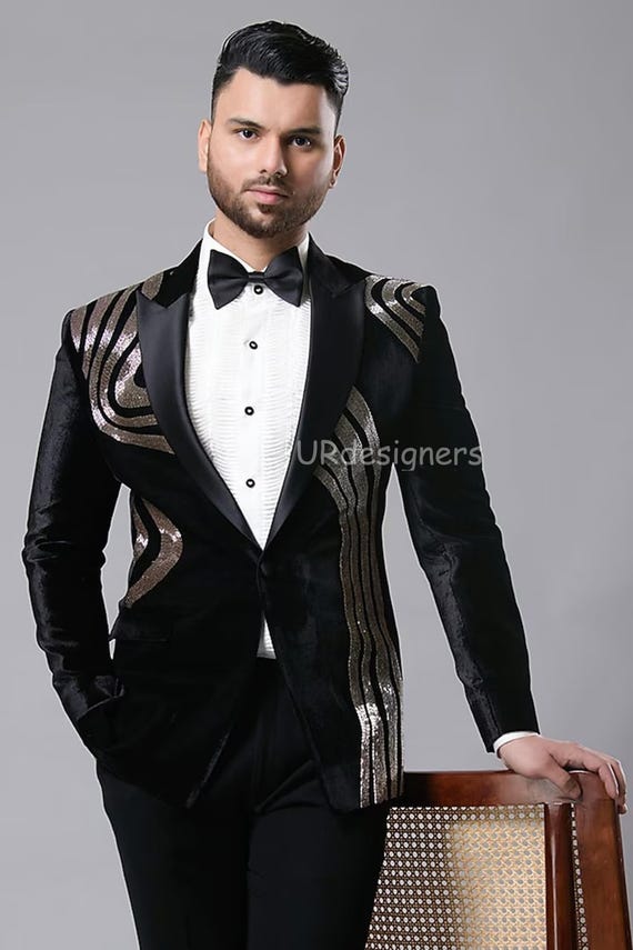 Black Tuxedo Suit, Sparkling Silver Handcrafted, Satin Lapel, with Trouser for Prom, Wedding, Party