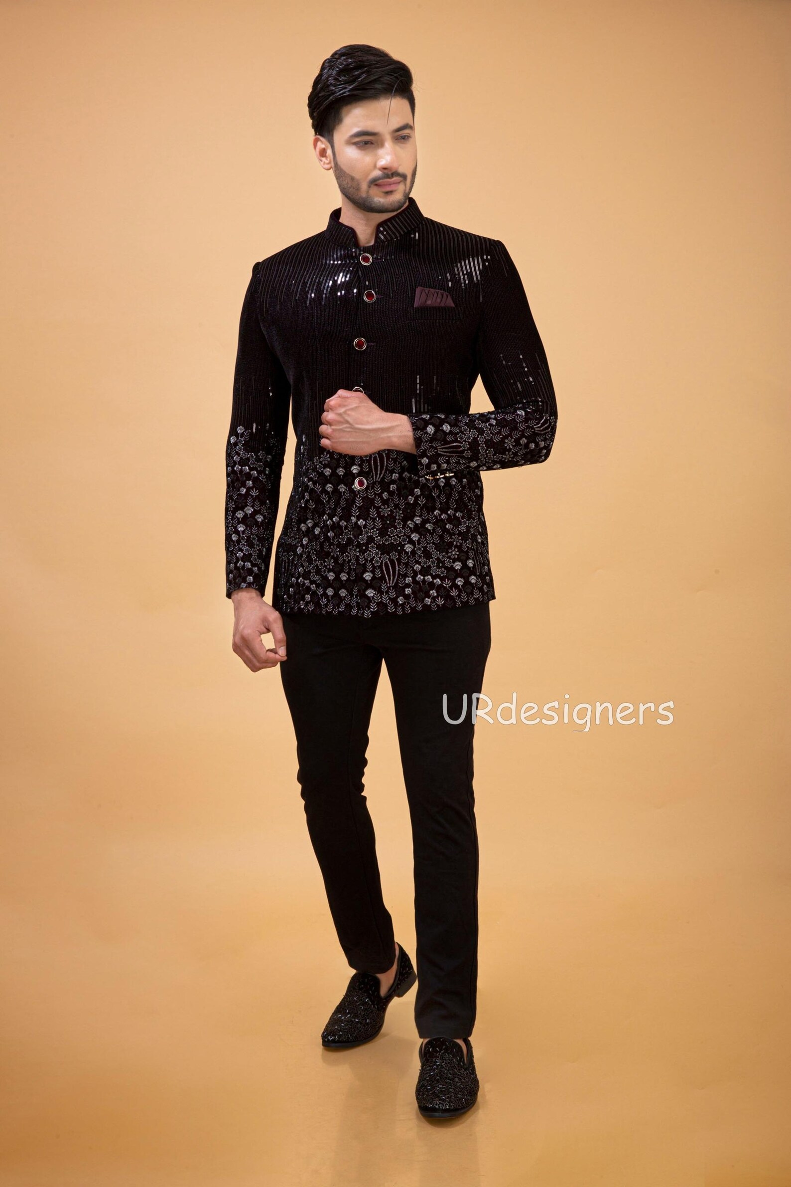 Black Jodhpuri Suit Floral Embroidery Set main image 1