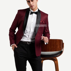 Wine Tuxedo Suit With Black Satin Lapel For Men, Wedding Party, Gift, Cocktail Party, Men&#39;s Gift, Christmas, New Year
