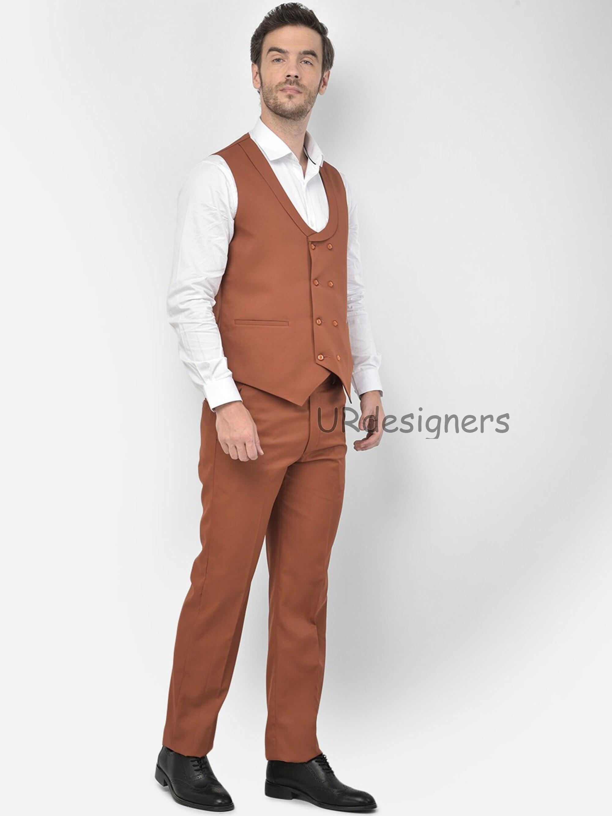 Brown Pent Shirt With Waistcoat Royal Blue Armani Waistcoat Set: Slim Fit  Italian Cut Trouser White Shirt
