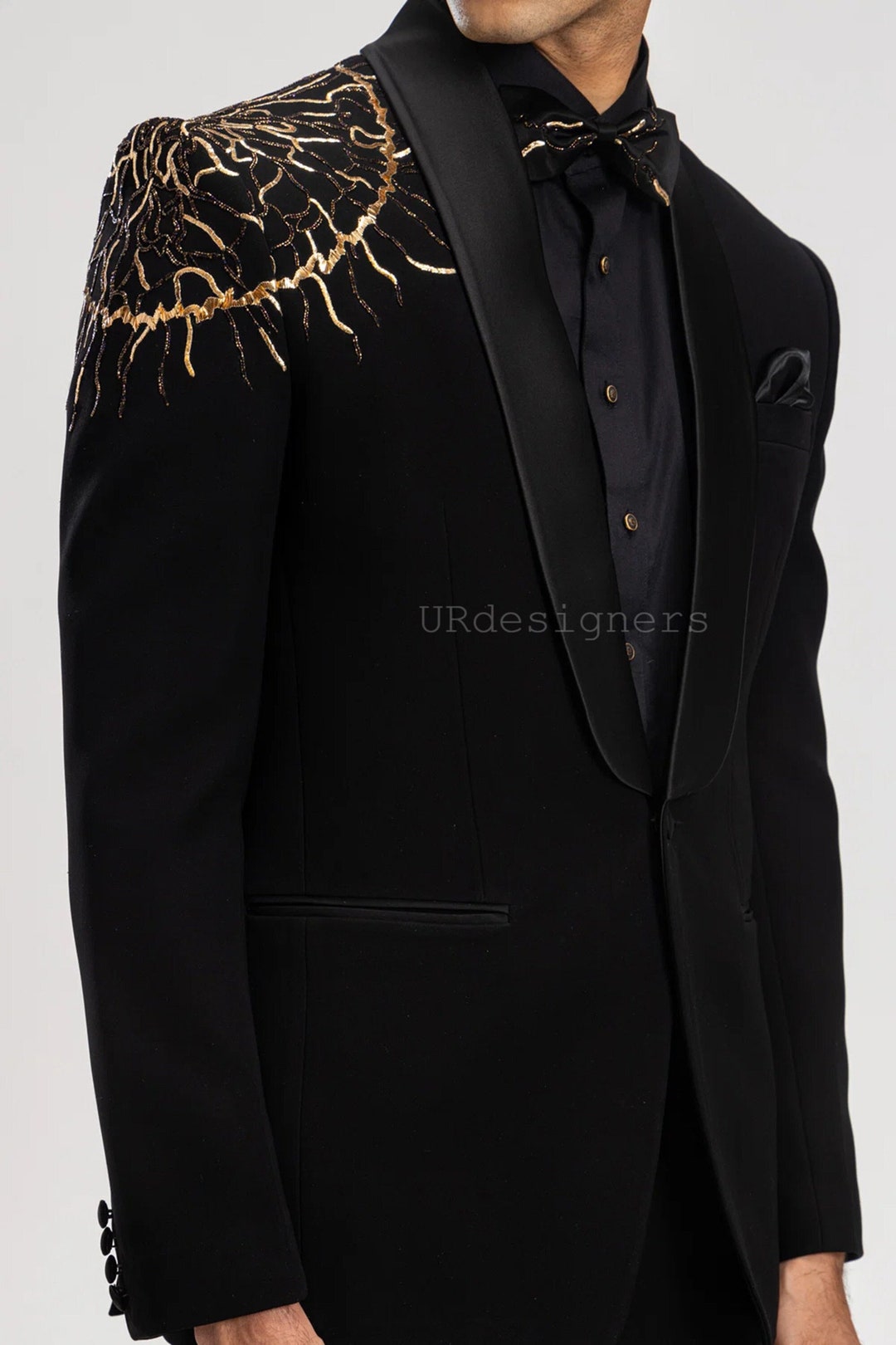 Black Tuxedo Suit With Golden Pearl Handwork on Shoulder, Satin Lapel