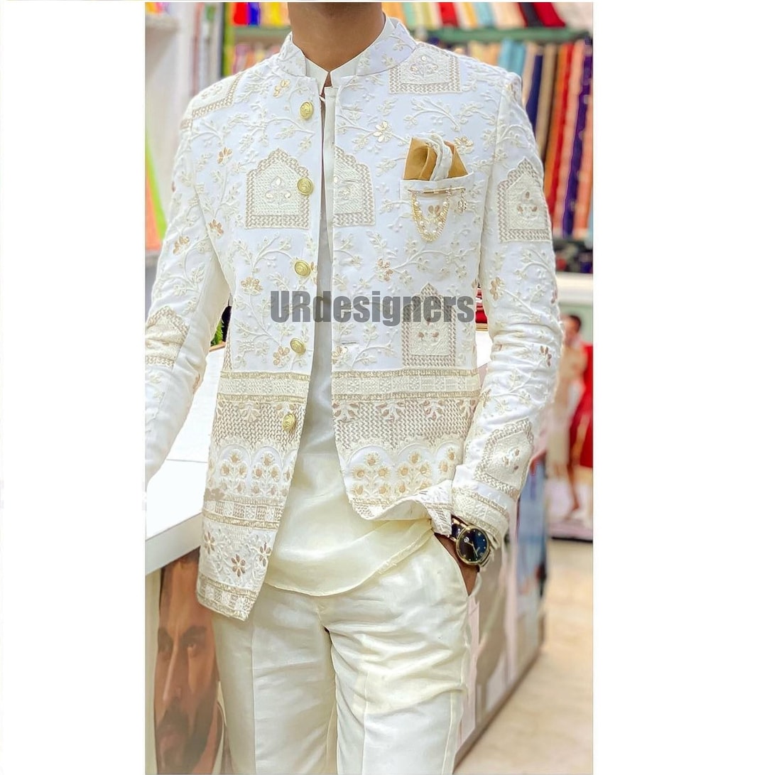 Buy Ivory Jodhpuri Suit: Golden Zari Embroidery, Slim Fit Wedding Outfit  Online in India