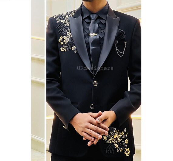 Black Tuxedo Suit With Golden Pearl Handwork on Chest, With Black Pant for  Prom, Wedding, Party, Reception, Groom, Gifts, Dance