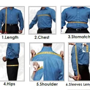 May include: A series of six images demonstrating how to measure a person for clothing. The images show a person in a blue shirt being measured for length, chest, stomach, hips, shoulder, and sleeve length using a yellow measuring tape.