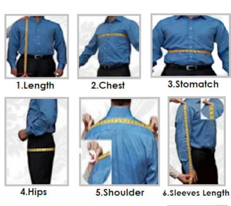 May include: A series of six images demonstrating how to measure a person for clothing. The images show a person in a blue shirt being measured for length, chest, stomach, hips, shoulder, and sleeve length using a yellow measuring tape.