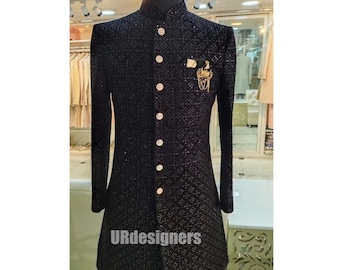Black Velvet Sequins Embroidery Work Prince Sherwani Suit With Black Trouser For Popular Classic look in Party, Wedding, Festivals (2 Piece)