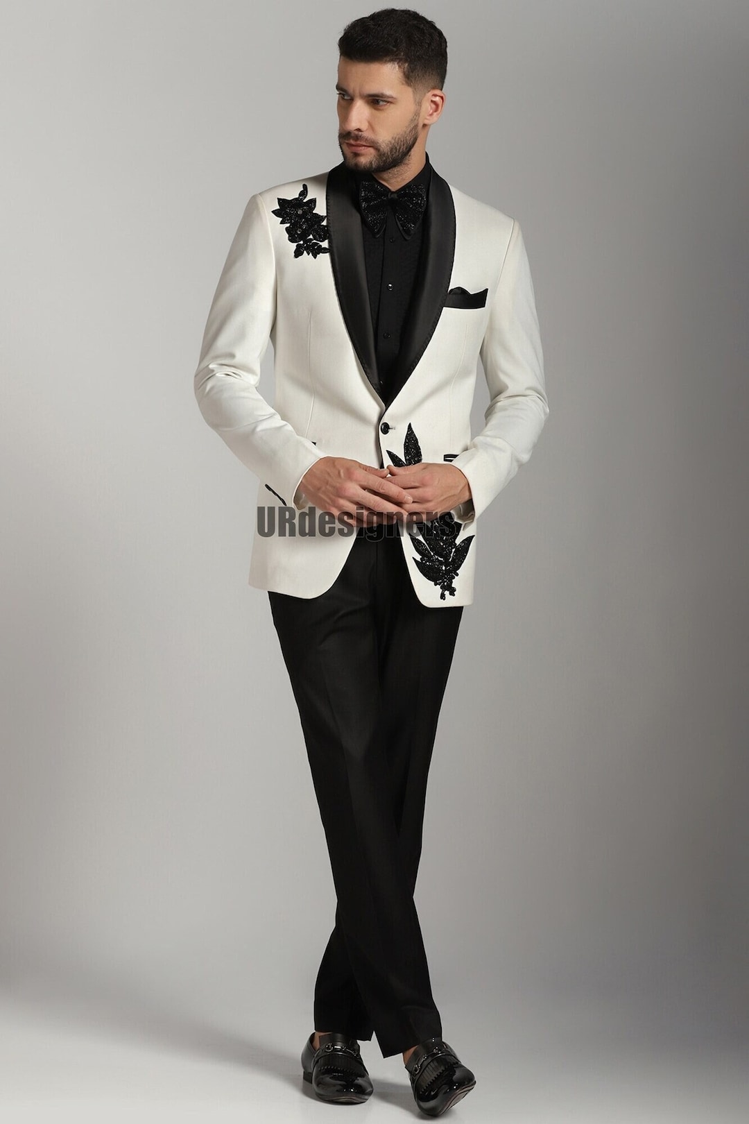 Buy White Tuxedo Suit: Black Pearl Handwork, Slim Fit Italian Cut Online in  India