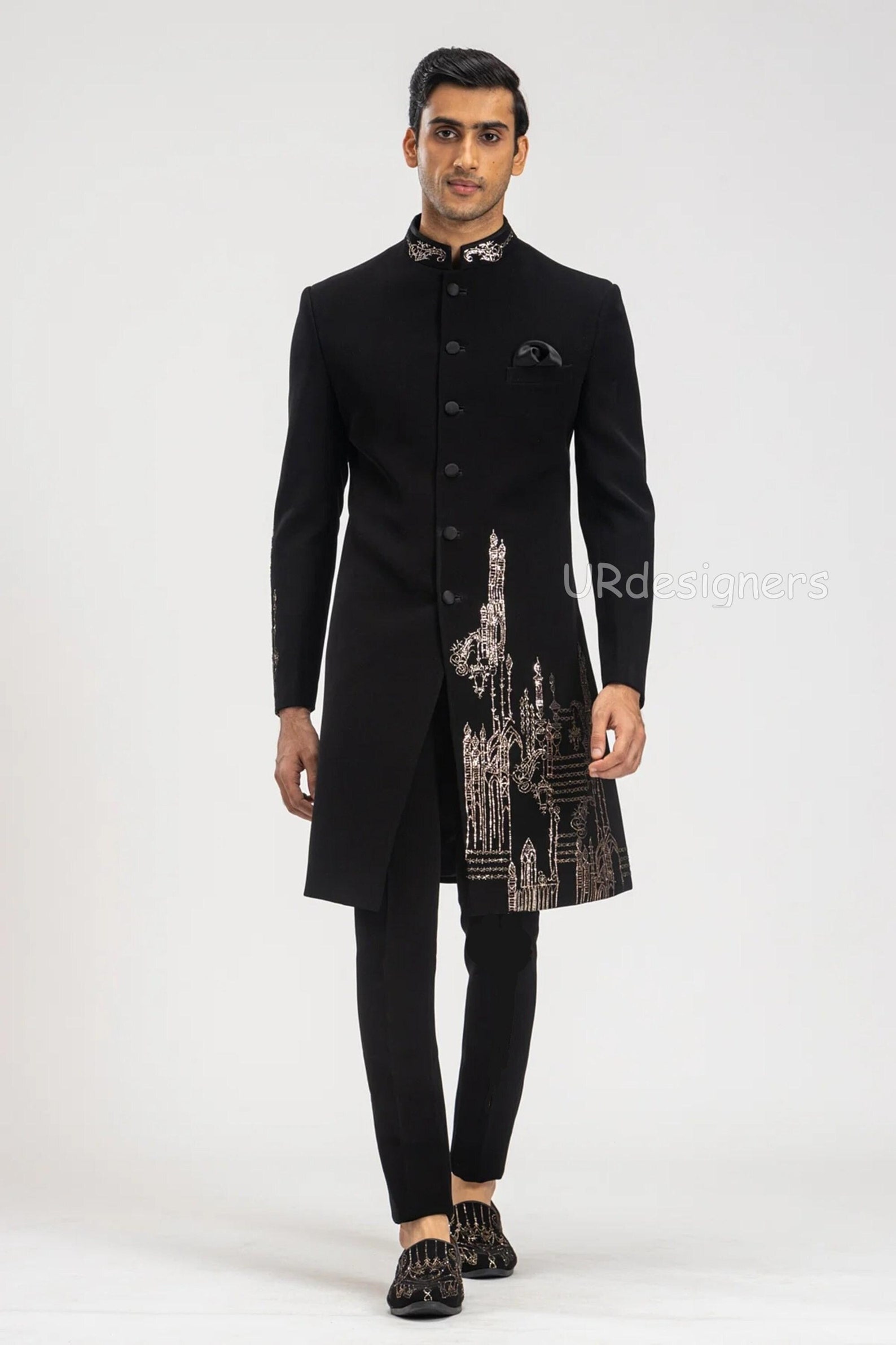 Men’s Black & Pink Self-Design Sherwani Set – Elegant Ethnic Wear | Indiaista