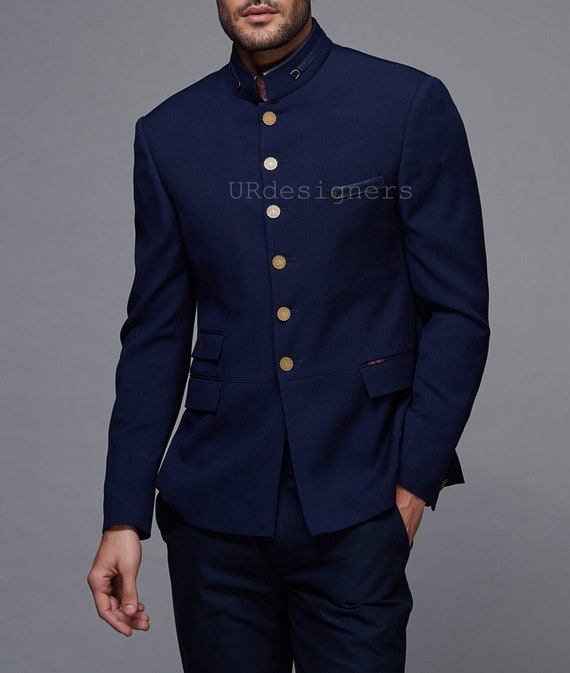 Woven Art Silk Jacquard Jodhpuri Suit in Navy Blue : MTX2632