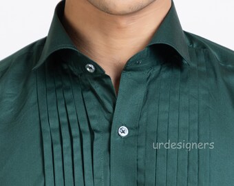 Men's Green Pintex Cotton Tuxedo Shirt | Dress Shirt