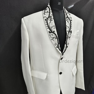 White Designer Tuxedo Suit With Sequins and Pearl Handwork on Satin ...
